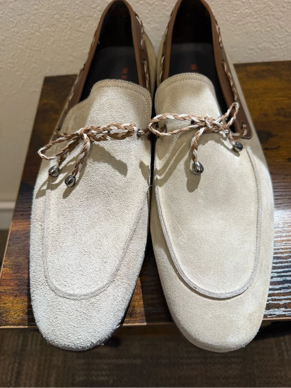 Mezlan 1968 Men's Suede Loafers in Beige with Brown Trim 13